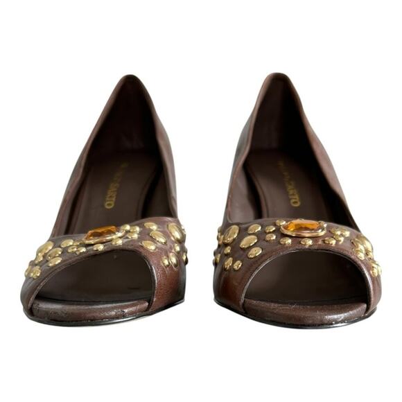 Franco Sarto Fanatic Heels Brown Studded Leather Peep Toe Stacked Heel Size 10M - Picture 11 of 14